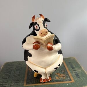 Charming Cow Figurine Reading Book - Black and White